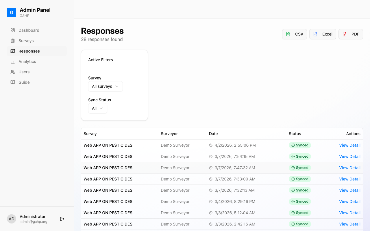 Responses page with export buttons